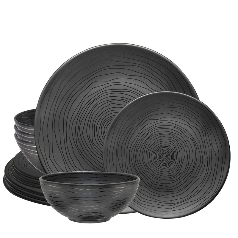 Bzyoo 12 Piece Melamine Dinnerware Set - Durable, Dishwasher Safe Organica Black Plates and Bowls Sets Casual Dish Set for Dining, Outdoor and Kitchen - Image 1